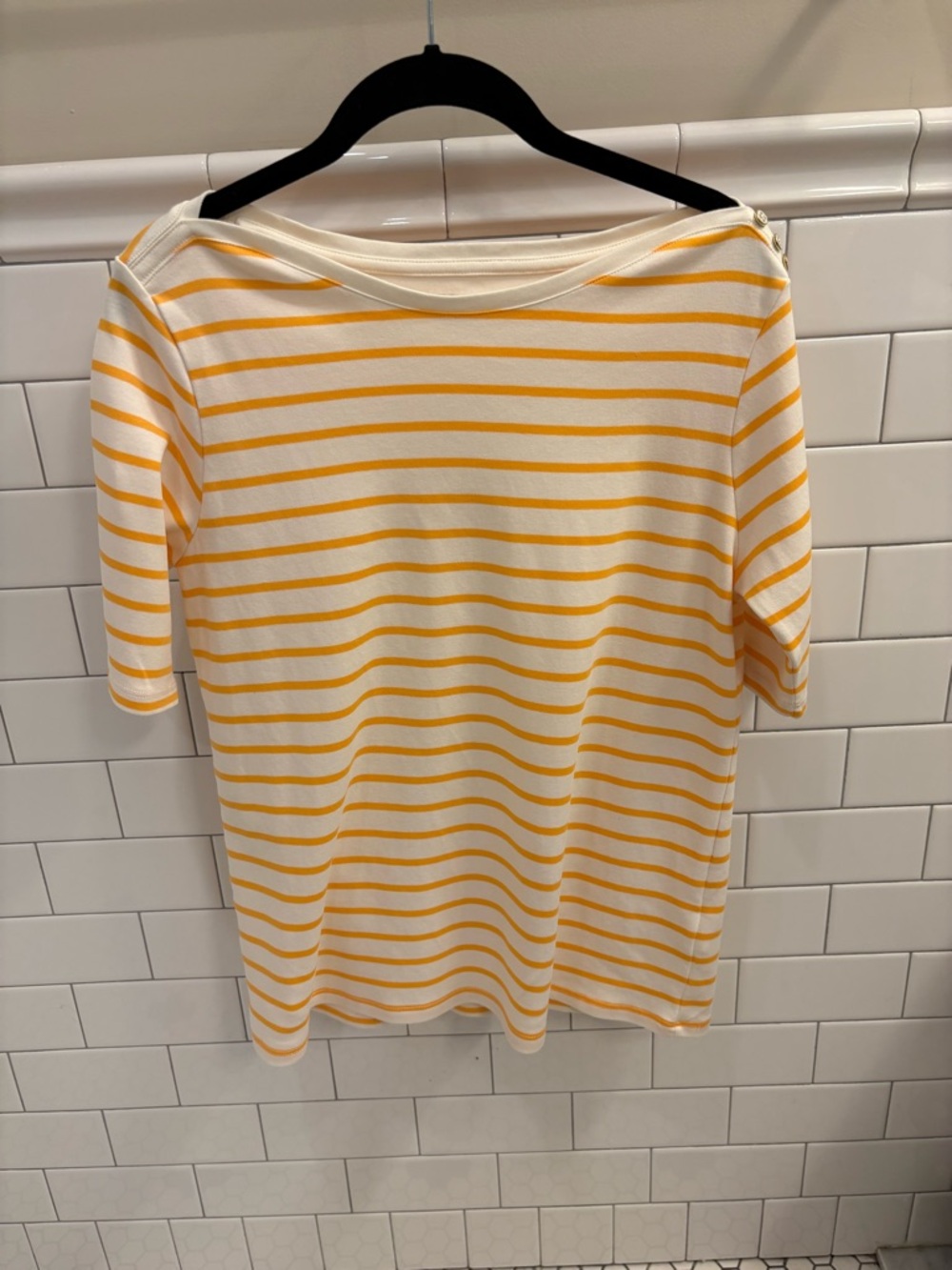 Lands’ End Supima Cotton Boat Neck Top Yellow Stripe Button Shoulder M - Picture 4 of 8